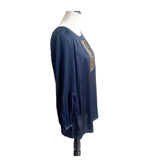 Chico’s Silky Sequin V-Neck Beaded Blouse Navy Bronze Size 1/Medium Elegant - Picture 2 of 13